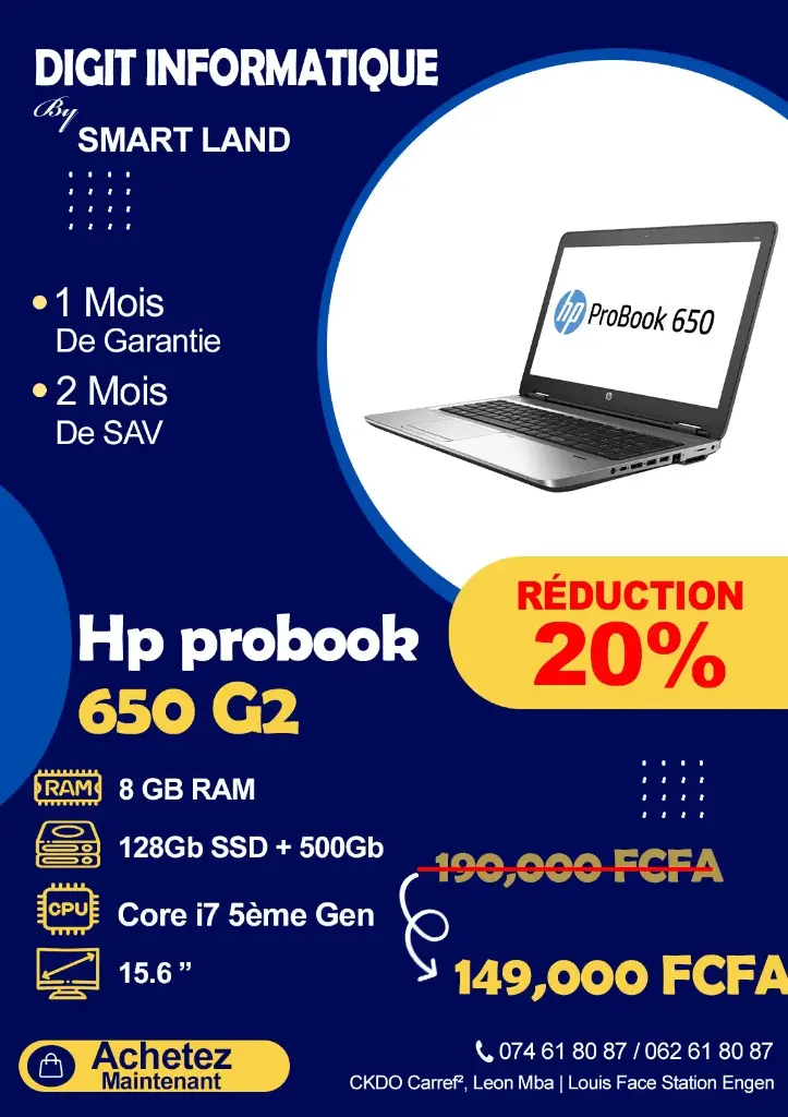 HP ProBook 650 G2 Core i7 5eme Gen 6Go SSD 120Go + 500Go Ecran 15 pouces